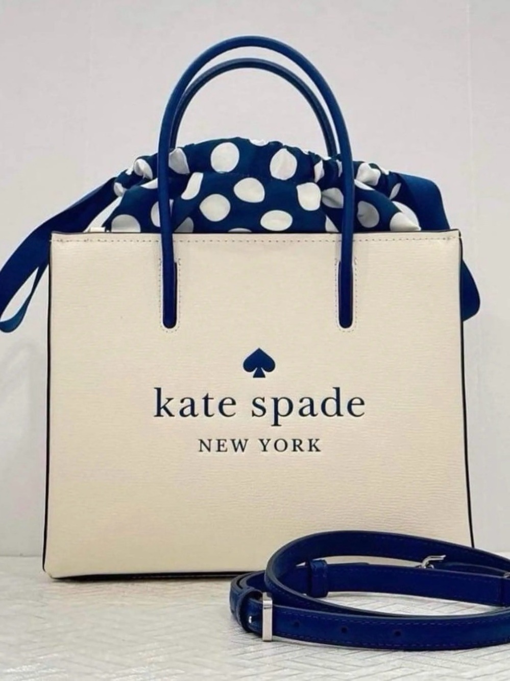 kate spade White & Blue Polka Dot Drawstring Satchel
